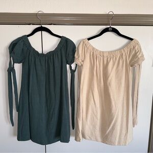 Lulu's Long Sleeve Off-Shoulder Dresses in Green and Cream